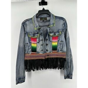 Womens Boot Rugs Denim Jacket With Fringe Size Medium Western Serape